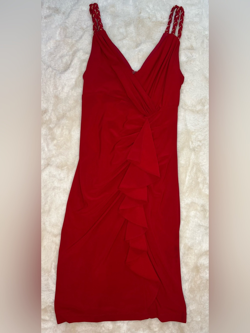 Cache Y2K Red Ruffle Cocktail Dress with Sparkly Braided Crystal Beaded Straps